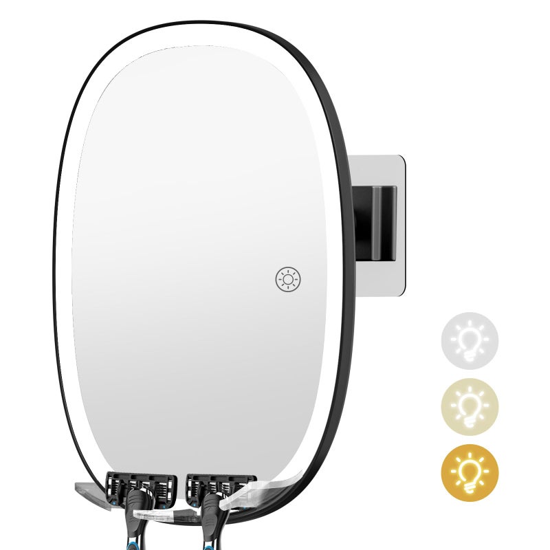 COSMIRROR Shower Mirror Fogless for Shaving with Razor Holders  No-Drilling  3-Color Dimmable Lights - Larger Anti-Fog Shower Mirror with Light Shatterproof & Waterproof for Men and Women - Image 1
